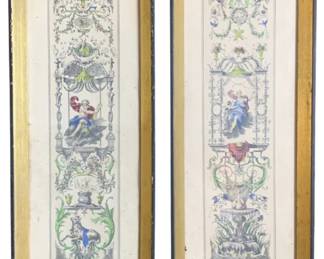 801 - 2 Framed Pictures 19"x7" (Description): Two framed pictures measuring 19 inches by 7 inches. The pieces are presented in gilt frames with dark outer borders.