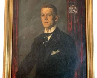 323 - Artist Signed Portrait Painting in Frame (Description): Presented in a gilt frame. The work depicts a formally dressed gentleman. Measures 38 inches by 32 inches.