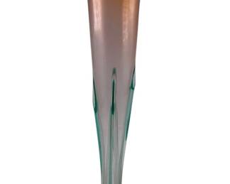 281 - Contemporary Studio Art Glass Vase Signed 14" (Description): Signed & dated by artist Ron Mynatt art glass vase measuring 14 inches in height. The iridescent piece features a flared ruffled rim and tapers to a circular base.