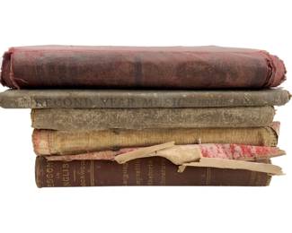 854 - Group Lot of 5 Antique School Books (Description): A group lot of five antique school books. The volumes show significant age and wear consistent with their period use as educational texts. This collection offers a glimpse into historical classroom materials and curriculum.