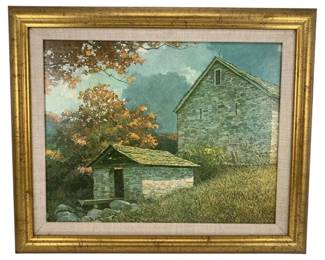 363 - Framed Farm Scene 14"x17" (Description): The work measures 14 inches by 17 inches and is presented in a gilt frame with a linen liner.