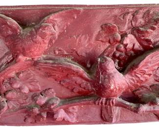 1008 - Red Bird Plaque 10"x15" (Description): Red bird plaque featuring a relief design of birds amid foliage. Measures 10 inches by 15 inches.