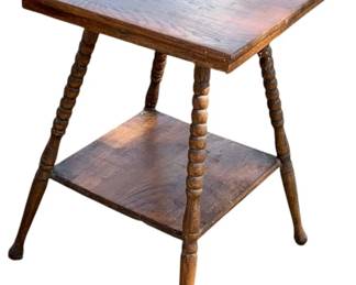 1088 - Wood Table 28"x19"x20" (Description): A wood table featuring turned spindle legs and a lower shelf. Measures 28 inches high by 19 inches wide by 20 inches deep.