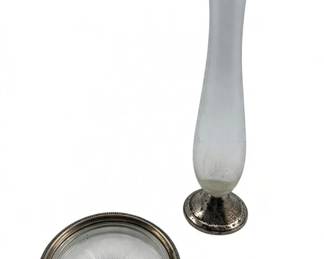 291 - 2 Sterling Silver With Glass Items (Description): Two sterling silver items. This lot includes a bud vase with sterling silver base and a coaster with sterling silver rim.