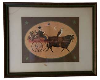 736 - Framed Picture 15"x12" (Description): Framed picture measuring 15 inches by 12 inches. The artwork depicts a folk art style scene featuring a figure in a top hat driving a cart pulled by a bull, with an owl perched atop the bull and an American flag displayed.