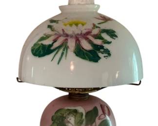 764 - Painted Glass Lamp 20" (Description): Painted glass lamp featuring floral decoration. Measures 20 inches in height. Used as-is electric/electronic/mechanical item. No guarantee all components present, untested if not otherwise stated.