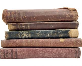 853 - Group Lot of 5 Antique School Books (Description): A collection of five antique school books featuring cloth and leather bindings with gilt lettering on spines. The books show age-appropriate wear consistent with their vintage educational origins, displaying the characteristic binding styles of late19th to early 20th century textbooks.