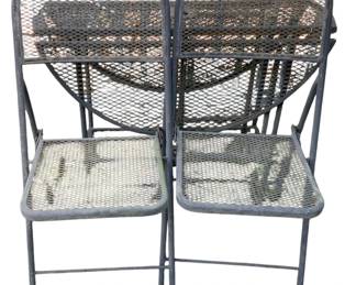 1124 - 3 Pc Outdoor Metal Patio Set (Description): Five piece outdoor metal patio set featuring mesh construction. Chairs measure 35 inches high by 18 inches wide by 18 inches deep. Drop side table measures 28.5 inches high by 38 inches in diameter.
