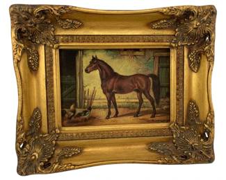 310 - Ornately Framed Horse Art (Description): The artwork depicts a horse and is presented in an ornate gilt frame.