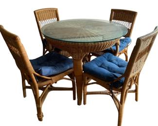 3 - Wicker Table w/ Glass top & 4 Chairs w/ cushions (Description): table - 31 x 38 Chairs - 35 x 18 x 20
