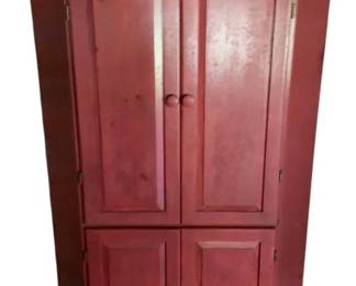 1097 - Painted Wood Corner Cabinet 72"x60"x25" (Description): Painted wood corner cabinet featuring a crown molding top, four paneled doors with wooden knob pulls, and a shaped base. The cabinet opens to provide storage space within. Measures 72 inches tall by 60 inches wide by 25 inches deep.