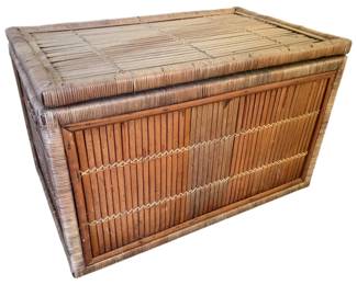 82 - Wicker/Rattan Storage Trunk w/ contents (Description): 14 x 23 x 14