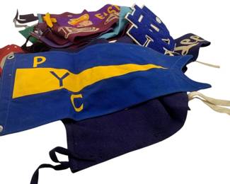 802 - Group Lot of Vintage College Flags (Description): A group lot of vintage college flags. The collection includes various pennants and flags in assorted colors featuring different collegiate letters and emblems.