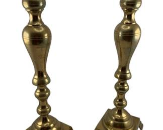 318 - Pair Brass Candlesticks 18" (Description): Set of two brass candlesticks featuring turned baluster stems on square stepped bases with bracket feet. Each candlestick measures 18 inches in height.