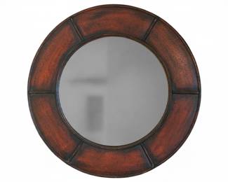 746 - Round Mirror 31" (Description): Round mirror measuring 31 inches in diameter. Features a wide decorative frame with sectional design and rich reddish-brown textured finish.