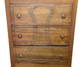 1134 - 3-Drawer Chest 43"x38"x17" (Description): Three-drawer chest featuring decorative carved detailing on the drawer fronts, wooden knob pulls, turned legs, and a scalloped apron. Measures 43 inches high by 38 inches wide by 17 inches deep.
