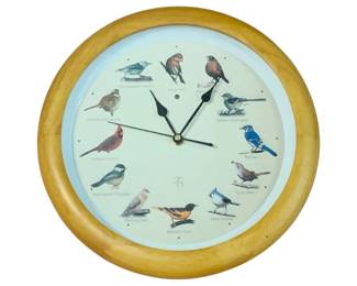 1037 - Bird Clock 13" Round (Description): Bird clock featuring illustrations of various songbirds around the dial face. Set in a wooden frame. Measures 13 inches round. Used as-is electric/electronic/mechanical item. No guarantee all components present, untested if not otherwise stated.