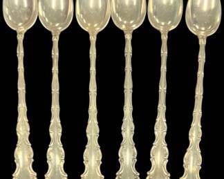 2018 - 6 Gorham Sterling Strasbourg Teaspoons 201.2g (Description): A set of six Gorham sterling silver iced tea spoons. Each spoon measures 7.5 inches in length and features an ornate Rococo-style handle design.