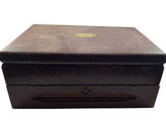 242 - Silver Wood Utensils Box 7"x16"x12" (Description): A wooden utensils box designed for storing silver flatware. The box features a hinged lid with a brass plaque on top and a pull-out drawer at the base. Measures 7 inches by 16 inches by 12 inches.