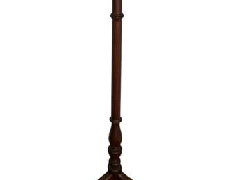 302 - Vintage Wood Plant Stand 46"x12" (Description): A wood plant stand featuring a round top supported by a turned pedestal column and tripod base with three curved legs. Measures 46 inches tall by 12 inches in diameter.