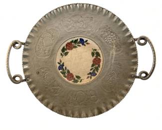108 - Hammered Aluminum 2-Handled Tray w/ stand (Description): 14" round