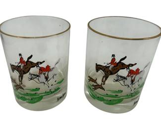 145 - 2 Vintage Equestrian Double Old-Fashioned Glasses (Description): by Neiman Marcus