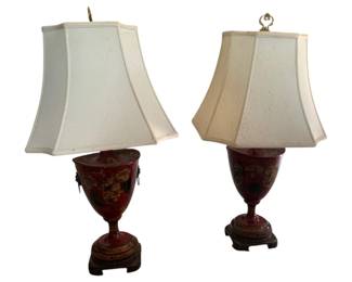 351 - Pair Oriental Lamps 32" (Description): Pair of Oriental lamps featuring urn-form bases with decorative motifs. Each lamp measures 32 inches in height and includes a shade. Used as-is electric/electronic/mechanical item. No guarantee all components present, untested if not otherwise stated.
