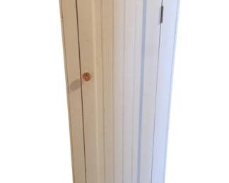 721 - White Cabinet 46.5"x18"x11" (Description): White cabinet featuring a single door with beadboard panel detail and wooden knob. Measures 46.5 inches tall by 18 inches wide by 11 inches deep.