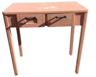 1016 - Pink 2 Drawer Hall Table (Description): Pink painted two drawer hall table featuring decorative metal drawer pulls. Measures 30.5 inches wide by 29.5 inches tall by 14.5 inches deep.