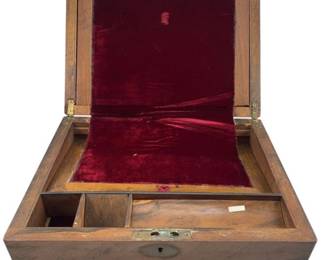 317 - Antique Wooden Lap Desk 6"x12"x9" (Description): Features brass corner mounts, brass inlay accents on the front, and a keyhole escutcheon. Measures 6 inches high by 12 inches wide by 9 inches deep.