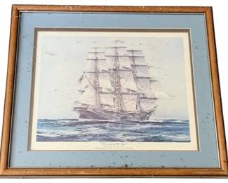 1098 - Framed Ship Print 17.5"x20.5" (Description): Framed ship print featuring a detailed nautical scene. The piece is professionally matted and presented in a wooden frame. Measures 17 1/2 inches by 20.5 inches.