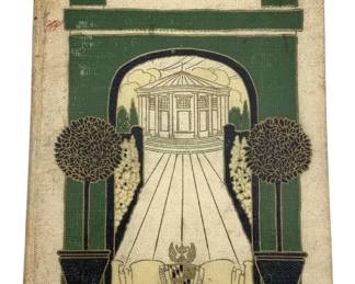858 - A School for Girls Book (Description): A School for Girls, a publication from National Park Seminary in Forest Glen, Maryland. This cloth-bound volume features decorative Art Nouveau-style cover design depicting the seminary building framed by ornamental floral elements and urns.