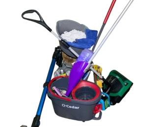 1105 - Group Lot of Cleaning Items (Description): A group lot of cleaning items including various mops, buckets, and cleaning supplies. Features an O-Cedar spin mop bucket system along with assorted cleaning tools and accessories. Used as-is electric/electronic/mechanical item. No guarantee all components present, untested if not otherwise stated.