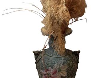 356 - Oriental Vase 22"x11" (Description): Oriental vase featuring decorative floral motifs and figural handles. Measures 22 inches tall by 11 inches wide.