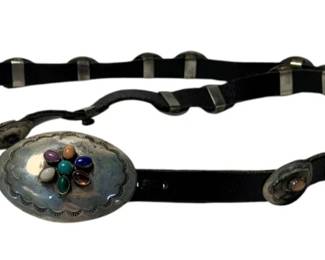2040 - Sterling Medallion & Leather Belt 38.5" (Description): Sterling medallion and leather belt featuring 21 small medallions and 1 large medallion with multicolored stone accents. Measures 38.5 inches in length.