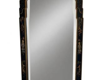 92 - Chinoiserie Black & Gold Lacquer Wall Mirror (Description): 43 x 22