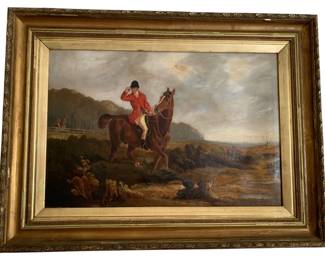 300 - Vintage Framed Hunt Scene Painting 23"x31" (Description): Presented in an ornate gilt frame. The artwork measures 23 inches by 31 inches including the frame.