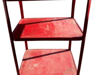 1020 - MCM 3 Tier Rolling Cart Red 30"x20"x15" (Description): Mid-century modern three-tier rolling cart in red. This versatile piece features three shelves and casters for easy mobility. Measures 30 inches high by 20 inches wide by 15 inches deep.