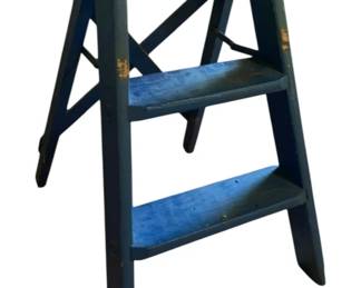 755 - Blue Wooden Step Stool 22"x14"x19" (Description): Blue painted wooden step stool with three steps. Measures 22 inches by 14 inches by 19 inches.