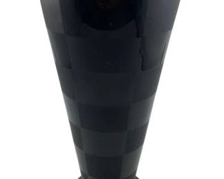 309 - Tiffin Satin Black Checkered Vase 11"x5" (Description): Black checkered vase featuring a sleek tapered design with alternating matte and glossy black checkered pattern. The vase is accented with gold trim at both the rim and base. Measures 11 inches tall by 5 inches in diameter.