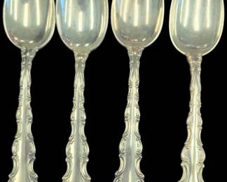 2017 - 4 Gorham Sterling Strasbourg Spoons 138.5g (Description): A set of eleven Gorham sterling silver small spoons featuring ornate, decorative handles with scrollwork designs. Each spoon measures 5.5 inches in length.