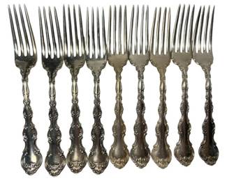 2016 - 9 Gorham Ster. Strasbourg Dinner Forks 438g (Description): A set of nine Gorham sterling silver forks featuring ornate handles with scrollwork detailing. Each fork measures 7 inches in length.