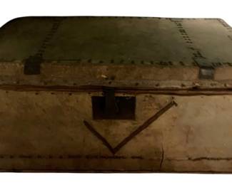 821 - Vintage Trunk 14"x41"x21" (Description): The trunk features a hinged lid and metal hardware.