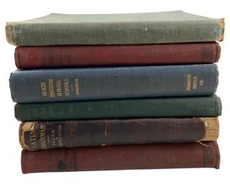 855 - Group Lot of 6 Antique School Books (Description): A group lot of six antique school books. The collection features cloth-bound volumes in various colors including green, red, blue, and brown, representing educational texts from an earlier era. The books show wear consistent with their age and use.