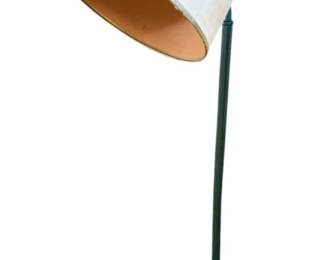 745 - Green Metal Floor Lamp 56" (Description): Green metal floor lamp with a round base and slender pole. Measures 56 inches tall. Used as-is electric/electronic/mechanical item. No guarantee all components present, untested if not otherwise stated.