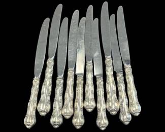 2019 - 10 Gorham Sterling Strasbourg Handle Knives (Description): Set of ten Gorham sterling silver handle knives. Each knife measures 8.75 inches in length. The handles feature ornate decorative detailing characteristic of Gorham craftsmanship.