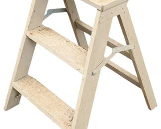 1060 - Wood Step Ladder 23"x13" (Description): Wooden step ladder featuring two slatted shelves below a flat top platform. Measures 23 inches by 13 inches.