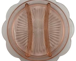 280 - Pink Depression Glass Divided Dish 9" (Description): Pink Depression glass divided dish featuring three sections with a radial sunburst pattern. The dish has a scalloped frosted edge. Measures 9 inches in diameter.