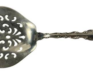 2027 - Gorham Strasbourg Tomato Server Sterling 76g (Description): Featuring a pierced decorative bowl and ornate handle. Measures 7 1/2 inches