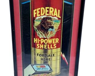 1072 - Framed Federal Ammo Metal Sign 34"x17" (Description): Framed Federal Ammo metal sign featuring Federal Hi-Power Shells advertising. The sign measures 34 inches by 17 inches.